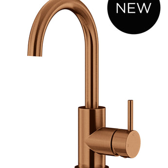 ROUND GOOSENECK BASIN MIXER WITH COLD START, LUSTRE BRONZE