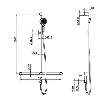 MECCA CARE 32MM T BAR GRAB RAIL AND ADJUSTABLE SHOWER SET 1100X750MM MATTE BLACK