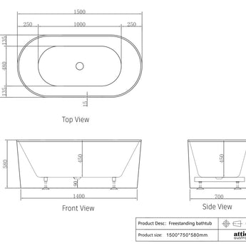 ATTICA NOOSA 1500MM GLOSS WHITE FLUTED BATHTUB - FREESTANDING BATH