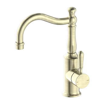 YORK BASIN MIXER HOOK SPOUT WITH METAL LEVER AGED BRASS