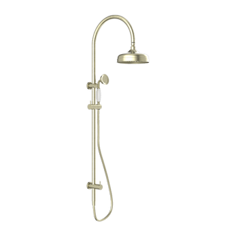 YORK TWIN SHOWER WITH WHITE PORCELAIN HAND SHOWER AGED BRASS