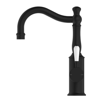 YORK BASIN MIXER HOOK SPOUT WITH WHITE PORCELAIN LEVER MATTE BLACK