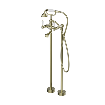 YORK FREESTANDING BATH SET WITH WHITE PORCELAIN HAND SHOWER AGED BRASS