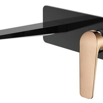 Zevio Matte Black Wall Basin Mixer with Rose Gold Accents